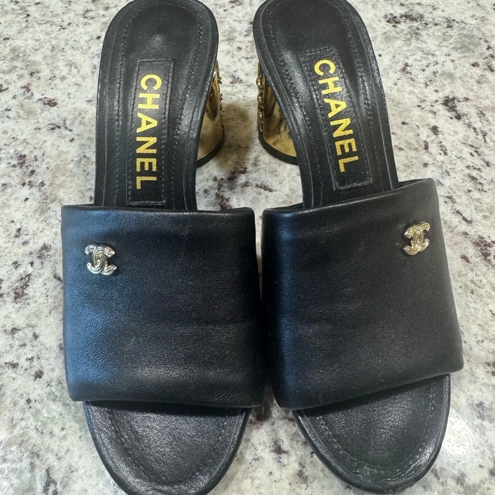 CHANEL Black Leather Slide Mules with Gold CC Logos